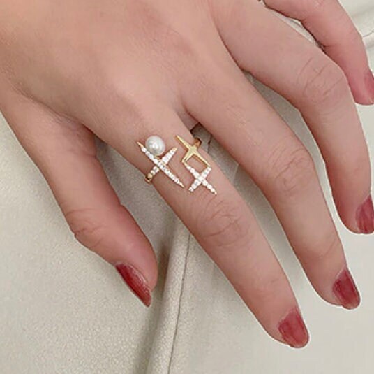 Stars & Pearls Ring - 18K Gold Adjustable Ring - VVS Iced Gold Ring - CZ Statement Ring - Water and Tarnish Resistant Ring